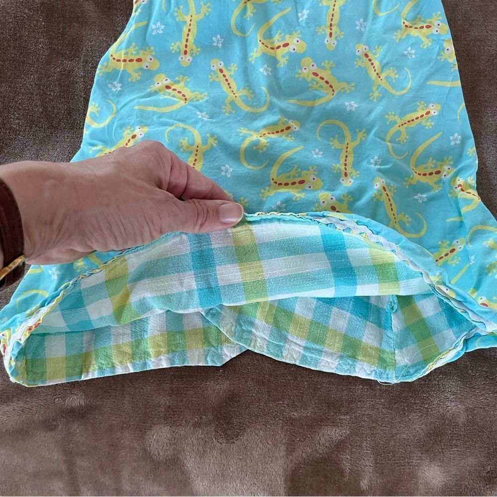 Handmade Little Girls Blue Cotton Crossover Tunic with Yellow Lizard Print Sz4-6 - Picture 4 of 10